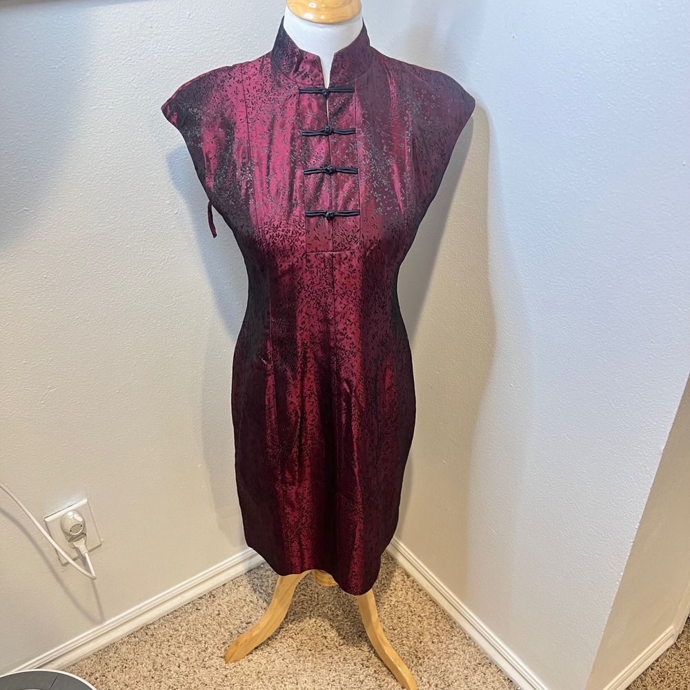 Cheongsam Dress‎ Asian Style Mandarin Collar Burgundy Brocade